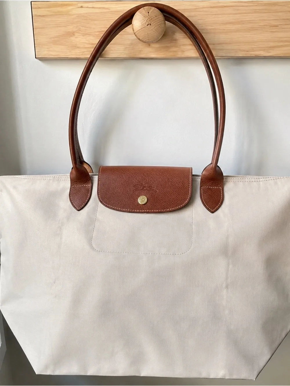 Longchamp Cream Canvas Tote with Brown Leather Trim